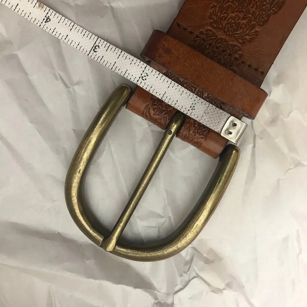 Leather Belt Brown Engraved Floral Vine Wide Italian Leather Medium
